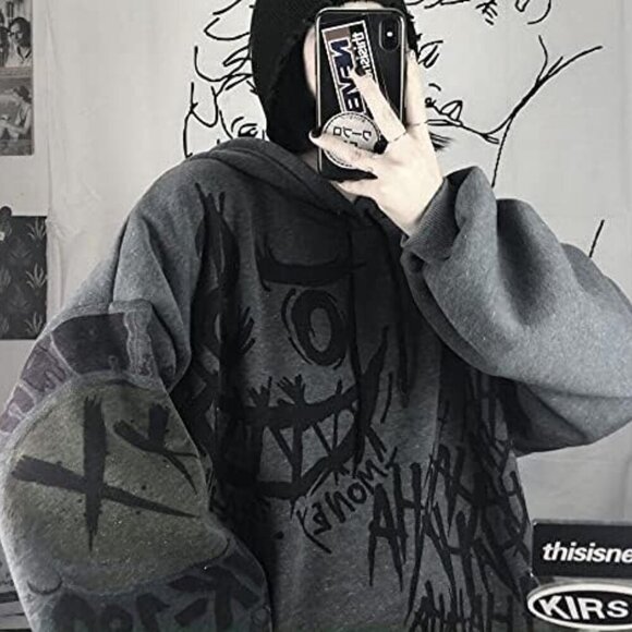 Gothic women's hooded sweater female raw bag easier doodle print plus velvet thi - Picture 5 of 6